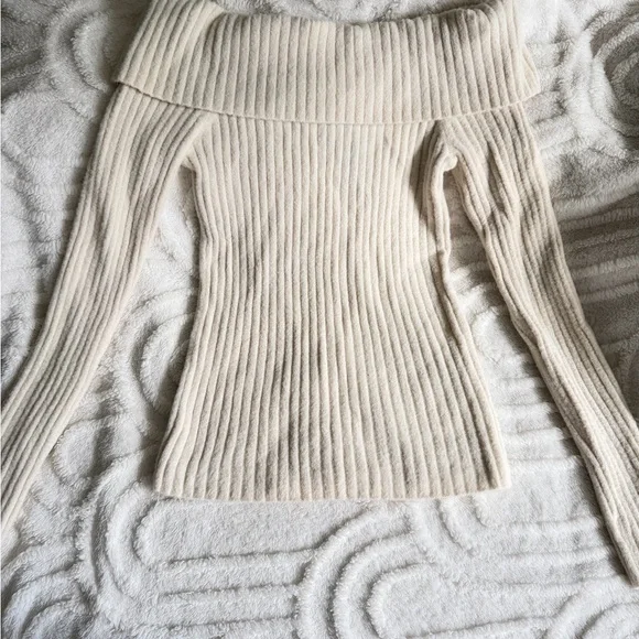 Express Off-Shoulder Beige Ribbed Sweater - Picture 2 of 5